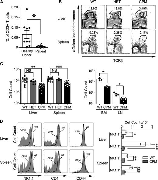 Figure 1. DOCK8 is required for maintenance of peripheral NKT cells in humans and mice. (A) The percentage of αGalCer-tetramer+ NKT in CD3+ PBMCs from healthy donors (closed circles) and DOCK8-deficient patients (open circles). Statistical significance was tested by the Mann-Whitney U test; *P < .05. (B) Representative plots of lymphocytes from the liver and spleen of WT, heterozygous (HET), and homozygous (CPM) DOCK8cpm/cpm mice, showing the gating strategy for NKT cells. (C) Absolute numbers of NKT cells in WT, DOCK8+/cpm, and DOCK8cpm/cpm mice (circles represent individual mice derived from 4 independent experiments) with statistical significance tested by 1-way ANOVA coupled with Dunn’s multiple comparison test; **P < .01; ***P < .001. (D) NK1.1, CD4, and CD44 expression on NKT cells from (left) WT (dark line) and DOCK8cpm/cpm mice (filled) and (right) absolute numbers of NK1.1+ and NK1.1− NKT subsets. Columns shows arithmetic mean, error bars show standard error of the mean, and statistical significance was tested by Mann-Whitney U test; *P < .05; **P < .01; ***P < .001. Flow cytometry plots are representative of 4 independent experiments.