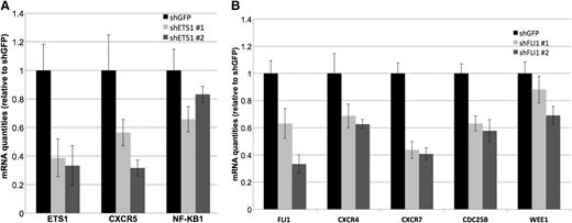 Figure 5. ETS1 and FLI1 affect genes involved in GC reaction. (A) Real-time PCR validation of down-regulation of CXCR5 and NFKB1 observed by gene expression profiling after ETS1 silencing. Histogram graphs represent the average of 4 independent silencing experiments. All down-regulation had a P value < .05. (B) Real-time PCR validation of down-regulation of CXCR4, CXCR7, CDC25B, and WEE1 observed by gene expression profiling after FLI1 silencing. Histogram graphs represent the average of 4 independent silencing experiments. All down-regulation had a P value < .05.