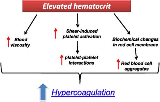 Figure 2. The prothrombotic effect of an elevated HCT in ET and PV patients. Elevated HCT can increase the thrombotic risk by multiple mechanisms: (1) it determines an increase in blood viscosity; (2) at high shear rates, the raise of red cell mass displaces platelets toward the vessel wall, thus facilitating shear-induced platelet activation and enhancing platelet–platelet interactions; (3) under the low shear rates, as in the venous bed, hyperviscosity can increase the thrombotic risk by causing a major disturbance to the blood flow; and (4) biochemical changes in cell membrane and intracellular content of red blood cells.