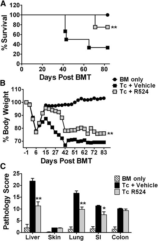 Figure 3. Inhibition of PKCα and θ significantly ameliorates acute GVHD after myeloablative allogeneic BMT. Recipient BALB/c mice were lethally irradiated (800 cGy) and transplanted with 5 × 106 C57BL/6 TCD-BM cells alone (n = 6) or in addition to 1 × 106 total T cells from WT C57BL/6 donors and treated twice daily by gavage with vehicle (n = 15) or 40 mg/kg R524 (n = 12) beginning on day 0 (the day of BMT) and continuing daily for 6 weeks. Recipient mice were monitored throughout the experimental period for survival (A) and weight change (B), and pooled data from 3 separate experiments are represented. In separate experiments, recipients (n = 4 recipients per group per experiment) were euthanized 2 weeks posttransplant, and samples of skin, liver, lung, small intestine, and large intestine were collected in formalin for routine hematoxylin and eosin and scored for microscopic GVHD severity by a pathologist blinded to the treatment groups. Average scores for GVHD target organs across 3 separate experiments (C) are depicted. *P < .05; **P < .01; ***P < .001 (compared with vehicle-treated recipients). All error bars indicate SEM.