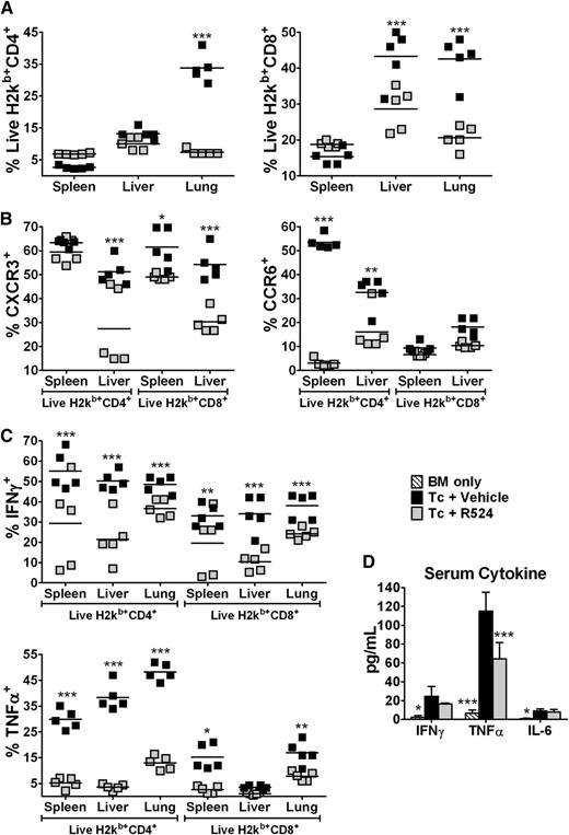 Figure 5. Inhibition of PKCα and θ reduces alloreactive chemokine receptor expression and inflammatory cytokine production in vivo. Total-body irradiation (800 cGy) was dosed to BALB/c mice, which were then transplanted with 5 × 106 WT C57BL/6 TCD-BM cells alone (n = 2 per experiment) or in addition to 1 × 106 total T cells and treated twice daily by gavage with vehicle or 40 mg/kg R524 (n = 4 per group per experiment) beginning on day 0 and continuing daily for 2 weeks. Fourteen days posttransplant, recipient spleens, livers, and lungs were harvested; organ cell counts determined; and samples stained for H2Kb, CD4, CD8, CXCR3, CCR6, IFN-γ, and TNF-α. Average percentages ± SEM are based on live H2Kb+ (donor) cell gate (A), T-cell chemokine receptor expression (B), and intracellular T-cell cytokine expression (C). Serum collected at necropsy was subjected to cytokine bead analysis (D) to quantify serum cytokine concentrations of IFN, TNF, IL-2, IL-6, IL-10, and IL-17. Cytokines that are not graphically represented were undetectable in serum. Data are representative of 1 experiment out of 3 separate repeat experiments. *P < .05; **P < .01; ***P < .001 (compared with vehicle-treated controls).