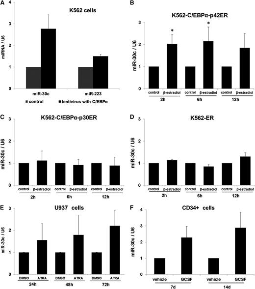 Figure 1. C/EBPα-p42 regulates miR-30c during granulopoiesis. (A) Lentiviral overexpression of C/EBPα in K562 cells. Total RNA was isolated at day 7 and analyzed by Q-RT-PCR with oligos for miR-30c and miR-223. Values were normalized to U6. Data are represented as mean ± SD from 3 independent experiments. *P ≤ .05. (B) K562-C/EBPα-p42ER, (C) K562-C/EBPα-p30ER, and (D) K562-ER cells were induced with β-estradiol (5 µM) for respective time points. Total RNA was analyzed by Q-RT-PCR with oligos for miR-30c. Values were normalized to U6. Data are represented as mean ± SD from 3 independent experiments. *P ≤ .05. (E) U937 cells were induced with retinoic acid (1 µM) for respective time points. Total RNA was analyzed by Q-RT-PCR with oligos for miR-30c. Values were normalized to U6. Data are represented as mean ± SD from 3 independent experiments. *P ≤ .05. (F) Hematopoietic CD34+ cells were cultured as discussed in Methods. Total RNA was isolated at different time points and analyzed by Q-RT-PCR with oligos for miR-30c. Values were normalized to U6. Data are represented as mean ± SD from 2 independent experiments.