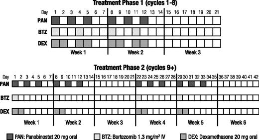 Figure 1. Dosing schedule. During treatment phase 1 (cycles 1-8), panobinostat (3×/week), bortezomib (2×/week), and dexamethasone (the day of and after bortezomib) were administered on a 2-weeks-on/1-week-off schedule. Treatment phase 2 (cycles 9+) consisted of 6-week cycles (two 2-weeks-on/1-week-off repeating cycles), with bortezomib and the corresponding dexamethasone reduced to once per week during their scheduled weeks. IV, intravenous.