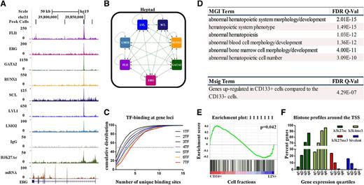 Figure 5. FLI1, ERG, GATA2, RUNX1, SCL/TAL1, LYL1, and LMO2 form a densely interconnected network and are associated with differential gene expression. (A) Density plots for ChIP-seq reads in hCD34+ HSPCs displayed in the UCSC genome browser with corresponding RNA-seq expression shows overlapping binding of the heptad at the ERG +85 hematopoietic stem cell enhancer (also see supplemental Figure 2). (B) The heptad TFs show binding at each constituent locus (also see Figure 5A; supplemental Figure 2). The edges show binding of TF protein (node) at the target gene. (C) Cumulative density distribution illustrating the number of unique sites associated with a gene bound by least 1 TF and having at least 1 site bound by 1 to 7 TFs. For example, the ERG locus shown in panel A is associated with the binding of 7 TFs at the +85 enhancer (red curve) and has an additional 4 binding sites at approximately +70, +84, +120, and + 175. Thecumulative density distribution shows that heptad-associated genes are bound at a median of 4 additional sites, whereas genes associated with only 1 TF have a median of 1 additional bound region. (D) Correlation of the GREAT output with Mouse Genome Informatics and Molecular Signatures databases for phenotype-/disease-type associations (see supplemental Table 4 for the full set of enriched terms). (E) GSEA shows significant enrichment for the expression of genes that are targets of the heptad. (F) Correlation of gene expression levels quantified by RNA-seq and divided into expression quartiles with histone marks around the transcription start sites (q1 = lowest expressed; q4 = highest expressed) (also see supplemental Figures 4-6).