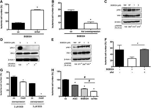 Figure 3. The small molecule Axl inhibitor BGB324 inhibits Akt and Erk signal transduction pathways. (A) Silencing of Axl with shRNA reduced sensitivity toward 3 µM BGB324 as shown by WST-1 assay of control-infected and shAxl-infected MV4-11 cells. Percentage of viable cells was normalized to untreated control cells (n = 3; *P < .05). (B) The effects of BGB324 on Axl overexpressing MV4-11 cells were more pronounced compared with control-infected cells (n = 3; *P < .05). (C) Immunoblot indicated inhibition of starvation-induced Akt phosphorylation in Gas6+ MV4-11 cells upon treatment with BGB324. Densitometric quantification of (pAkt/β-actin)/(tAkt/β-actin) was normalized to NM cells (n = 3; *P < .05). (D) BGB324 inhibited phosphorylation of Erk upon serum starvation as shown by immunoblot. Densitometric quantification of (pErk/β-actin)/(tErk/β-actin) was normalized to untreated cells (n = 3; *P < .05). (E) Immunoblot showing no inhibition of starvation-induced Akt phosphorylation by BGB324 in Gas6− HL60 cells. Densitometric quantification of (pAxl/β-actin)/(tAxl/β-actin) was normalized to cells in NM (n = 3; *P < .05). (F) Inhibitory effect of 2 µM BGB324 on growth of Gas6+ OCI-AML5 cells was abrogated by Gas6 neutralization via sAxl (n = 3; *P < .05). (G) Expression of Gas6 rendered Gas6− HL60 cells sensitive toward treatment with BGB324 (data normalized to untreated cells; n = 3; *P < .05). (H) Cytarabine (AraC; 4 µM) and BGB324 (2 µM) exerted additive inhibitory effects on MV4-11 cells (n = 3; *P < .05; #P < .05).