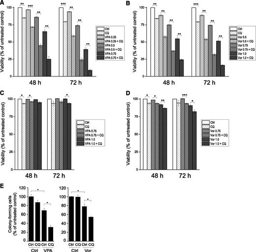 Figure 5. CQ potentiates the effect of VPA and vorinostat in long-term experiments and colony-formation assay. (A-B) Kasumi-1 cells were treated with the indicated concentrations of (A) VPA (mM) or (B) vorinostat (Vor, μM) with or without CQ for the indicated times, and cell viability was determined by FACS analysis of PI-stained cells. (C-D) HL60 cells were treated as in A and B, and cell viability was determined by FACS analysis of PI-stained cells. (E) Kasumi-1 cells were treated with VPA (0.75 mM) or vorinostat (0.5 μM) in the absence or presence of CQ for 16 hours, 800 cells were seeded in Methocult medium in the absence of drugs, and colonies were scored 8 days later. All bars represent mean values ± SEM quantified from ≥3 independent experiments. *P < .05; **P < .01; ***P < .001.