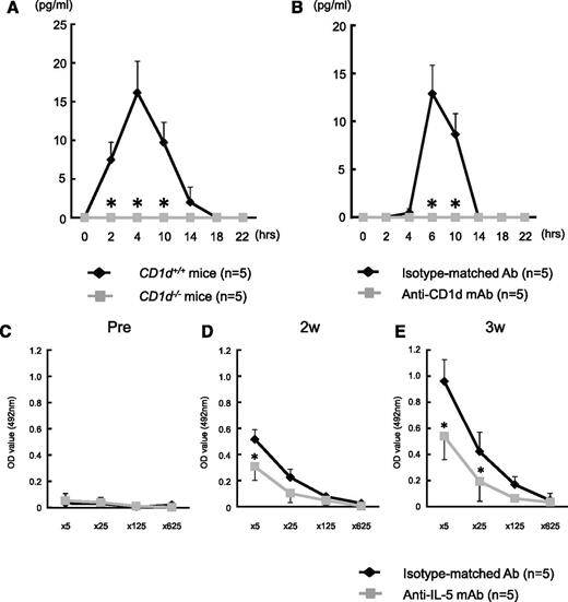Figure 5. Impact of IL-5 on anti-A Ab production after stimulation with blood group A-RBCs. (A) Balb/c CD1d−/− mice and WT CD1d+/+ mice (n = 5 in each group) were immunized with human blood group A-RBCs (5 × 108/mouse). The levels of cytokines in serum were analyzed at the indicated time points using cytometric bead array flex sets (CBA). Blood group A determinants significantly increased the level of IL-5 in CD1d+/+ mice, but this cytokine level did not increase in CD1d−/− mice. In contrast, blood group A determinants did not increase the levels of IL-4, IL-9, IL-17, IL-21, and IFN-γ in either CD1d−/− or CD1d+/+ mice. (B) Balb/c WT mice received intraperitoneal injection of anti-mouse CD1d mAb (n = 5). Mice that received injections of isotype-matched Ab served as controls (n = 5). The mice were immunized with human blood group A-RBCs (5 × 108/mouse) on day 1 after mAb administration. The level of IL-5 in serum was analyzed at the indicated time points using CBA. Treatment with anti-CD1d mAb significantly inhibited IL-5 production against blood group A epitopes in the mice. (C-E) Balb/c WT mice received intraperitoneal injection of anti-mouse IL-5 mAb (n = 5) 30 minutes prior to immunization with human blood group A-RBCs (5 × 108/mouse). Mice that received injections of isotype-matched Ab served as controls (n = 5). The mice were immunized with human blood group A-RBCs 2 times at 1-week interval after mAb administration. (C) Anti-A IgM concentrations were measured using ELISA before immunization. (D) Anti-A IgM concentrations were measured at 2 weeks after the first immunization. (E) Anti-A IgM concentrations were measured at 3 weeks after the first immunization. Treatment with anti-IL-5 mAb significantly inhibited Ab production against blood group A epitopes in the mice. The average values ± SEM for the individual groups are shown. *P < .05 compared with the data from CD1d−/− mice and data from WT mice treated with isotype-matched Ab.