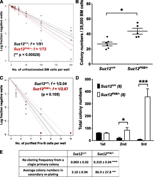Figure 3. Suz12Plt8/+ pro-B cells have enhanced self-renewal potential. (A) Limiting dilution analysis of Suz12+/+ (n = 8) and Suz12Plt8/+ (n = 4) bone marrow cells was performed to compare the frequency (f) of B-lymphoid progenitors. Cells were cultured on OP-9 stroma with IL-7. The clonogenic cell frequency model fitted to each dilution series is shown by a solid straight line relating the log10 fraction of negative wells to the number of cells per well. Steeper slopes indicate higher frequencies of colony-forming cells. Broken lines show 95% confidence intervals. (B) Unfractionated bone marrow cells from 3-week-old Suz12+/+ (n = 6) and Suz12Plt8/+ (n = 5) mice were cultured in methylcellulose with IL-7, and the numbers of colonies were scored 7 days later. Data represent means ± standard error of the mean (SEM). A 2-tailed Student t test was performed (*P < .05). (C) Limiting dilution analysis showed no difference in progenitor frequencies of purified bone marrow pro-B cells (B220+CD19+c-Kit+IgM−) from 3-week-old Suz12+/+ and Suz12Plt8/+ mice. (D) Self-renewal potential of Suz12+/+ (n = 8) and Suz12Plt8/+ (n = 8) pro-B cells was determined by serial replating of colonies in methylcellulose. Data represent means ± SEM. A 2-tailed Student t test was performed (*P < .05; ***P < .001). (E) Comparison of the clonogenic potential of individual primary colonies from Suz12+/+ and Suz12Plt8/+ pro-B cells, expressed both in frequency and total secondary colony numbers. Data represent means ± SEM. A 2-tailed Student t test was performed (**P < .01; ***P < .001).