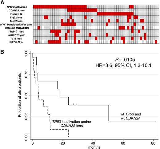 Figure 3. Heatmap with the relative distribution of the most common lesions detected in RS samples (A), Kaplan-Meier graph showing OS in 24 RS patients according to the presence of TP53 inactivation and/or CDKN2A loss (B). (A) Red, presence; gray, absence; white, not available; cell proliferation (as measured by assessment of the percentage of Ki-67+ cells at immunohistochemistry) is also visualized. (B) X-axis, months; Y-axis, percentage of alive patients. The spikes on the survival curves indicate the censored patients.