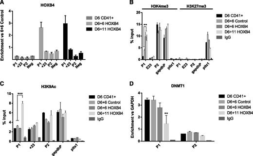 Figure 6. Runx1 chIP analysis. (A) Quantitative PCR (qPCR) analysis of chIP performed against HOXB4. Data were normalized to the percent of pre-IP input for each sample and are expressed as the fold change vs the day 6 + 6 (D6 + 6) control population. Data are representative of at least two independent IPs. (B) qPCR analysis of chIP performed against H3K4me3 and H3K27me3. Data are expressed as the percent of pre-IP input for each sample and are representative of at least 2 independent IPs. **P < .01. (C) qPCR analysis of chIP performed against H3K9Ac. Data are expressed as the percent of pre-IP input for each sample and are representative of at least 2 independent IPs. ***P < .001. (D) qPCR analysis of chIP performed against Dnmt1. Data are expressed as the fold change vs Gapdh control locus for each sample and are representative of at least 2 independent IPs. **P < .01.