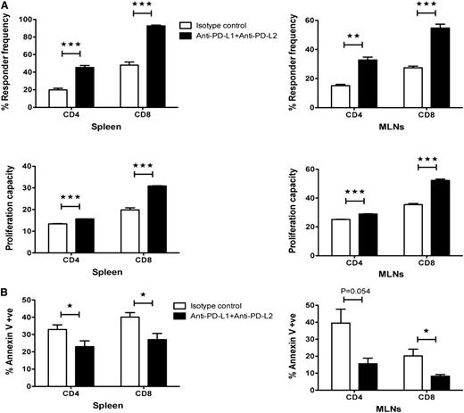 Figure 5. Host PD-1 ligand expression affect proliferation and survival of allogeneic donor T-cells. Lethally irradiated B10.BR recipients were given 107 B6 BM cells with 50 × 106 CFSE-labeled B6 splenocytes and treated with isotype-matched control antibody or anti-PD-L1 and anti-PD-L2 mAbs. (A) Mice were killed on day 5 after BMT (n = 5 mice/group), and splenocytes and MLNs were analyzed by flow cytometry for CFSE dilution. Cells were gated on H-2Kb+ and analyzed for CD4+ or CD8+ events. (B) Spleen and MLNs were harvested (n = 5 mice/group) on day 5 and analyzed by flow cytometry for annexin V-positive donor CD4 and CD8 T-cells. (A-B) Data are representative of 2 independent experiments. *P < .05; **P < .01; ***P < .001.