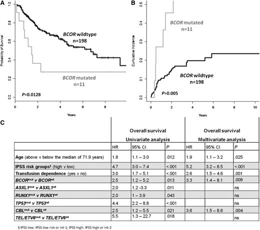 Figure 4. Negative impact on OS and on the cumulative incidence of AML transformation of BCOR truncating mutations in MDS patients. (A) Kaplan-Meier curve for OS and (B) cumulative incidence of AML transformation according to BCOR mutation status (Fine & Gray test). (C) Univariate and multivariate analyses for OS in MDS patients.