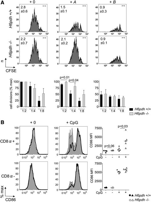 Figure 6. H6PDH regulates the differentiation and immunostimulatory potential of spleen CD11c+ DCs. (A) CD11c+ DCs were sorted from spleens of H6pdh−/− or H6pdh+/+ littermate control mice and incubated in normal media alone (+0) or in the presence of 10−7 M A or 10−7 M B for 18 hours before pulsing with OVA323-339 peptide (or irrelevant peptide) for 2 hours. DCs were then washed and cells were used at the indicated ratios in stimulation assays with 1 × 105 carboxyfluorescein succinimidyl ester (CFSE) –labeled OT-II CD4 cells for 96 hours. (Top) Flow cytometric histograms from a representative experiment showing CFSE staining of gated T cells incubated with H6pdh+/+ or H6pdh−/− CD11c+ DCs in the presence of vehicle (left), 10−7 M A (middle) or 10−7 M B (right) at a DC:T-cell ratio of 1:4 (n = 3 independent experiments). Values in the upper left corner show mean ± SD for the average number of T-cell divisions calculated for each group. Bar in upper right corner indicates the position of undivided cell sets according to CFSE staining of T cells incubated with DC pulsed with irrelevant peptide. (Bottom) Histograms showing summary data for the average number of T-cell divisions at different DC:T-cell ratios as a percentage of maximum (at a DC:T-cell ratio of 1:2) under each experimental condition. Quantitative data showing absolute numbers of divided T cells per well according to genotype of stimulator DC and exposure to A or B are shown in supplemental Figure 1. (B) Representative histograms for CD86 staining in gated MHC class IIhigh CD11chigh splenic CD8α+ DCs or CD8α– DCs from H6pdh−/− (CD45.2):H6pdh+/+ (CD45.1)→H6pdh+/+ (CD45.1) mixed BM chimeras that were evaluated 12 to 16 weeks after hematopoietic reconstitution and 24 hours after intraperitoneal treatment with nil or CpG. Staining for each DC subset derived from H6pdh−/− (bold black line, open histograms) or H6pdh+/+ (thin black line, solid gray histograms) BM is shown. Summary data from 3 independent experiments are shown to the right of each set of histograms.