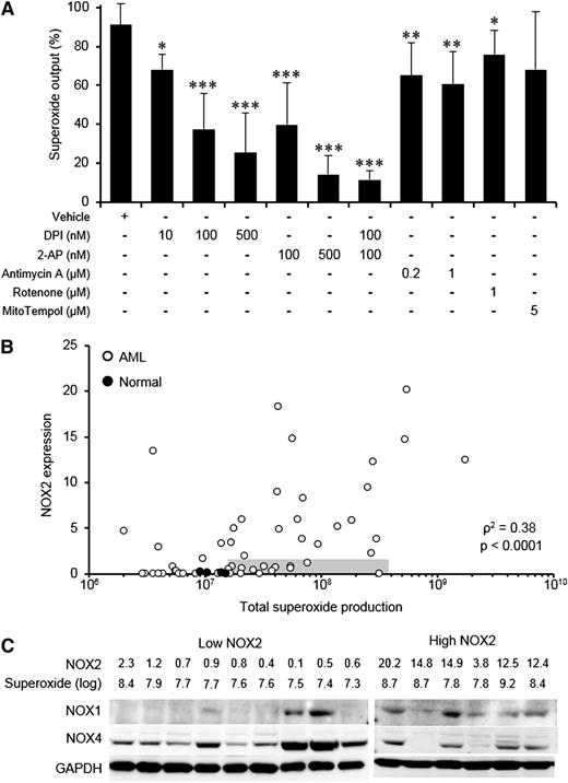 Figure 2. Superoxide production in primary AML blasts is driven by NOX family oxidases. (A) Superoxide produced by primary AML blasts (n ≥ 10) was measured using Diogenes in the presence of NOX family inhibitors (DPI, 2-AP) or modulators of mitochondrial ROS (antimycin A, rotenone, MitoTempol). Data were normalized to superoxide output of cells alone (without additions). (B) Expression of NOX2 in normal CD34+ cells or primary AML blasts (background subtracted mean fluorescence) as a function of superoxide production (total photons) detected by Diogenes. The shaded gray region indicates AML samples in the lowest quartile for NOX2 expression and overproducing ROS (> mean + 2 SD of control cell superoxide production). (C) Expression of NOX1, NOX2, and NOX4 in NOX2-low, superoxide-high samples (shaded region in B) was compared with that of samples with high NOX2 expression. NOX2 values represent the background subtracted mean fluorescence (scale = ×103); superoxide values represent log10 of the total superoxide production measured by Diogenes. GAPDH expression indicates relative protein loading. The significance of difference was determined by the Mann-Whitney U test; the significance of correlation was analyzed using Spearman’s rank correlation test. *P < .05, **P < .01, ***P < .001.