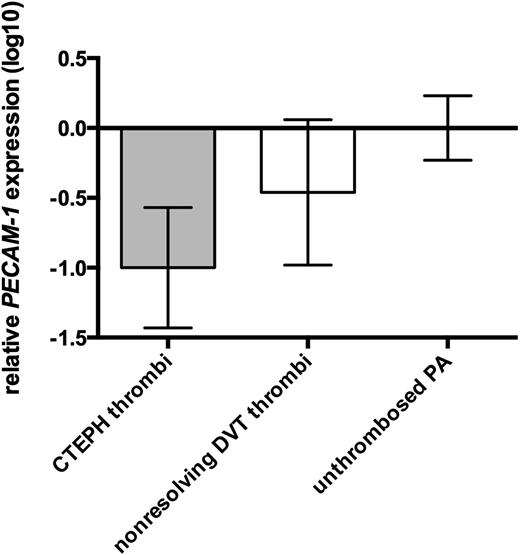 Figure 6. Low relative expression of PECAM-1 mRNA within nonresolving human thrombi. The figure shows real-time PCR analysis of CTEPH thrombi (n = 6) and nonresolving DVT thrombi (n = 3) compared with pulmonary artery (n = 4). Chronic nonresolving thrombi are characterized by significant downregulation of PECAM-1 mRNA (normalized to 18S ribosomal RNA). PA, pulmonary artery.