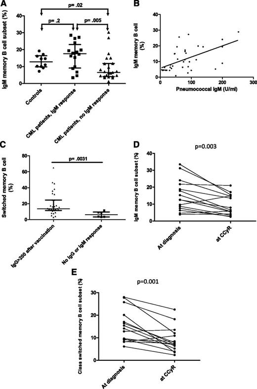 Figure 3. Relationship between memory B-cell subsets and pneumococcal humoral response. PBMCs were incubated with PE-cyanin7–conjugated anti-CD19 (Coulter Immunotech High Wycombe), PE-conjugated anti-human IgD (Southern Biotechnology Associates), APC-conjugated anti-human IgM (The Jackson Laboratory), and FITC-conjugated anti-CD27 (DakoCytomation). Cells were then washed and acquired on FACSCalibur (BD Biosciences, Oxford, United Kingdom). A minimum of 5000 events were acquired on the B-cell gate, and the results are expressed as a percentage of CD19 events. FlowJo software (TreeStar) was used for data analysis. Because IgM memory B cells express both IgD and IgM, coexpression of either IgD or IgM together with CD27 was used to define this subset. IgM memory B cells (CD19+ CD27+ IgMhigh IgD+/lo) and switched memory B cells (CD19+ CD27+ IgM– IgD–) were calculated using a modified Piqueras classification.28 (A) Patients who fail to mount a pneumococcal IgM response have significantly lower frequencies of IgM memory B cells compared with responders and healthy controls. (B) Scatter plot evaluating the association between pneumococcal IgM titers and IgM memory B-cell frequencies in CML patients. Samples were correlated using the Spearman rank correlation test. (C) Frequencies of class-switched memory B cells in the 33 patients who achieved a postimmunization IgG >200 U/mL compared with the 6 patients who failed to mount a positive pneumococcal IgM and IgG response; bars represent medians with interquartile range. A positive IgM Pneumovax II response was defined as a fourfold rise in serum IgM titers or an IgM titer >200 U/mL 4 weeks postimmunization irrespective of the preimmunization titer. A positive IgG response was defined as a twofold rise in serum IgG titer or an IgG titer >200 U/mL at 1 or 3 months.26 (D) IgM memory B-cell frequencies at diagnosis (prior to initiation of imatinib) and once CCyR was achieved on imatinib. (E) Class-switched memory B-cell frequencies at diagnosis (prior to initiation of imatinib) and once CCyR was achieved on imatinib. (F) B-cell phenotype of a CML patient who developed a positive pneumococcal IgM response (patient A) compared with a nonresponder (patient B).