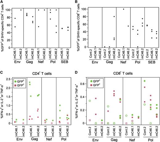 Figure 4. SHIV-specific, mC46-expressing CD4+ T cells are maintained in mC46-expressing macaques. (A-B) PBMC isolated from postchallenge macaques were stimulated with SHIV peptide for 6 hours and SHIV-specific cells were identified using intracellular cytokine staining. Boolean gating was used to identify the frequencies of CD4+ (A) and CD8+ (B) cells expressing 1 or more of the following cytokines: IFN-γ, IL-2, and tumor necrosis factor (TNF)-α. To calculate percentages, all negative values after background subtracting were made equal to 0. CD4+ T-cell responders from control (cont.)2 data were omitted because all data failed the count >1000 filter. (C-D) The same Boolean gating data were used to observe the frequencies of SHIV-specific CD4+ and CD8+ cells within the GFP+ and GFP− subsets. Frequencies of GFP+ cells are displayed as green circles; frequencies of GFP− cells are displayed as red squares; data that failed positivity calls are depicted as open symbols. One to 3 samples per macaque was examined per peptide pool depending on viability and total number of gated CD4+ or CD8+ T cells. Cryopreserved samples from 2, 4, and 6 months after SHIV challenge were used for these experiments.