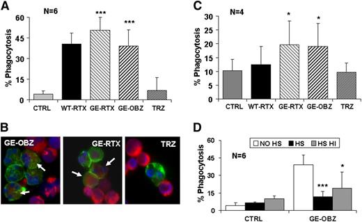 Figure 5. Glycoengineered CD20 antibodies mediate phagocytosis of CLL targets by PMNs. CLL targets were labeled with PKH26 and incubated for 24 hours with either purified PMNs (panels A,B,D) or whole blood from healthy donors (panel C), in the presence or absence of 10 µg/mL of the indicated antibodies. Phagocytosis was measured as the percentage of CD15+/PKH26+/CD19- cells with respect to total CD15+ cells. The data are the means and standard deviations of 4 to 6 experiments. In some experiments with purified PMNs, cytospins were prepared to visualize CD15-FITC–labeled PMNs (green) having engulfed PKH26+ CLL targets (red). Slides were mounted in medium containing 4,6 diamidino-2-phenylindole to visualize the nuclei (blue) under a fluorescence microscope (original magnification ×20). Statistical significance was calculated for antibody treated vs control. In panel D, the statistical significance was calculated for samples treated with HS or heat-inactivated HS with respect to no serum (no HS).