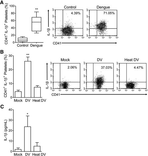 Figure 1. IL-1β synthesis in DV-infected platelets and platelets from healthy volunteers. (A) The percentage of IL-1β–expressing platelets was assessed in platelets that were isolated from healthy subjects (control) or patients with dengue (dengue). The boxes indicate the median and interquartile ranges and the whiskers indicate 5 to 95 percentile. (B-C) Washed platelets from healthy volunteers were exposed to mock, infective DV-2 (DV) or heat-inactivated DV-2 (heat DV) as described in Patients and methods. Panel B shows the percentage of IL-1β–expressing platelets, and panel C shows the concentration of IL-1β in supernatants of platelets incubated in each condition. The bars represent mean ± standard error of the mean (SEM) of 8 experiments performed using samples from independent healthy donors. *P < .05 and **P < .01 compared with healthy volunteers or mock exposed platelets. (Insets) Representative density plots of (A) IL-1β–expressing platelets from 1 healthy volunteer and 1 dengue patient or (B) platelets from 1 healthy volunteer that were exposed to mock, DV, or heat DV. The values in each region of the quadrants indicate the cell frequencies in the respective quadrant.