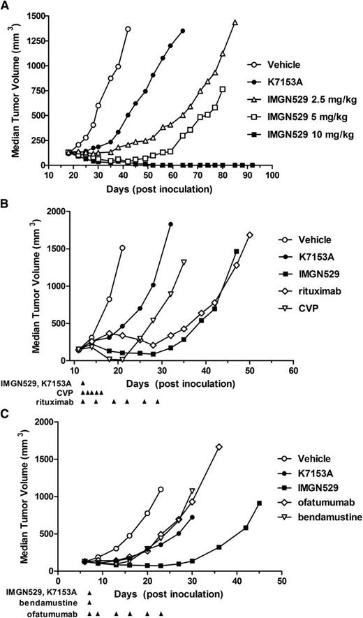 Figure 6. In vivo efficacy of IMGN529 in tumor xenograft models. (A) SCID mice (10 mice/group) bearing established SU-DHL-4 xenografts treated with a single intravenous administration on day 15 of PBS (○); 10 mg/kg of K7153A antibody (●); or IMGN529 at doses of 10 mg/kg (■), 5 mg/kg (□), or 2.5 mg/kg (△). (B) SCID mice (10 mice/group) bearing established DOHH-2 xenografts treated starting on day 12 with PBS (○), K7153A antibody (●) at 10 mg/kg × 1, IMGN529 (■) at 10 mg/kg × 1, rituximab (⋄) at 2 mg/kg, 2 qw × 3, or CVP (▽, cyclophosphamide 40 mg/kg × 1 intravenously, vincristine 0.5 mg/kg × 1 intravenously, and prednisone 0.2 mg/kg × 5 pdo). (C) SCID mice bearing established JVM-3 xenografts were treated as indicated starting on day 7 with PBS (○), K7153A antibody (●) at 5 mg/kg × 1), IMGN529 (▪) at 5 mg/kg × 1, ofatumumab (⋄) at 2 mg/kg, 2qw × 3, or bendamustine (▿) at 50 mg/kg. %T/C was calculated as the median tumor volume of each treated (T) group divided by the median tumor volume of the vehicle control (C) group, and activity was determined according to National Cancer Institute standards (%T/C ≤42% = active, %T/C value ≤12% = highly active).