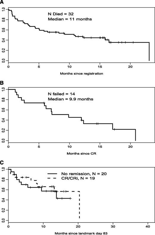 Figure 2. Overall survival, relapse-free survival, and landmark overall survival in poor-risk patients. (A) Poor-risk cohort, overall survival (n = 54). (B) Poor-risk cohort, relapse-free survival (n = 19). (C) Poor-risk cohort, landmark survival.