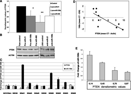 Figure 3. PTEN regulations by miRNAs in SS patients. (A) Densitometric values calculated as PTEN/actin showed a PTEN protein reduction in pre–miR-21, pre–miR-106b, and pre–miR-486 transfected H9 cells vs fluorescein-scrambled oligo used as control. Data are given as mean ± SD from 9 independent experiments (*P = .02, **P = .006). (B) Western blotting analysis performed in pre-miRNAs and anti-miRNAs transfected H9 cells showed a reduction or increase in PTEN protein level, respectively. Two of 9 representative electrophoretic patterns are shown. (C-D) A significant inverse relationship between PTEN and miR-106b was observed comparing their mRNA levels measured by qRT-PCR in 9 SS patients with a +/+ PTEN status (R= −0.79, P = .01 for Pearson correlation test). (E) An inverse correlation between PTEN protein levels and miR-106b was also observed in 4 samples simultaneously analyzed by Western blotting and qRT-PCR (R= −0.96, P = .04 for Pearson correlation test).