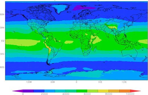 Global mean erythemal UVR daily dose (J/m2) during 2011-2012, based on data from the Ozone Monitoring Instrument on the National Aeronautics and Space Administration's Aura satellite as cited in Levelt et al.6 In addition to personal behaviors such as the amount of time spent outside and use of sun-protective clothing, ambient UVR is an important consideration in estimating UVR exposure histories because of its substantial variation by geographical location. Figure created by Dr Douglas C. Morton (NASA’s Goddard Space Flight Center, Greenbelt).