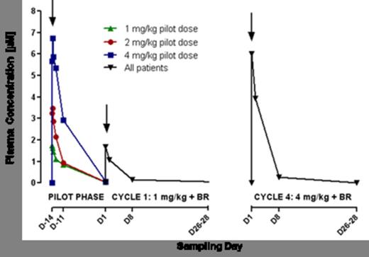 Figure 1. Kinetics of plasma levels in the cohorts of patients treated with different NOX-A12 doses (pilot phase) and in all patients together after combined treatment of NOX-A12 and BR (cycle 1 and 4)