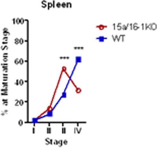 Figure 2. miR-15/16 disruption increases Myb expression and prevents final maturation to CD27-