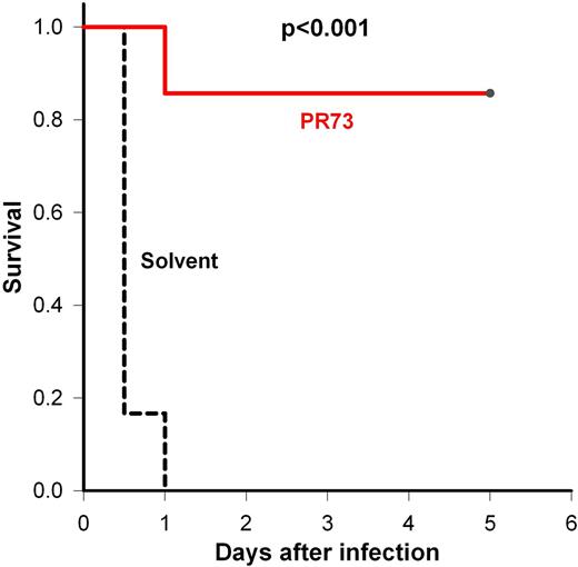 Figure 1. Survival graph of iron-overloaded Hamp1-/- mice infected with V. vulnificus followed 3 h later by an injection of solvent (n=6) or minihepcidin PR73 (n=7).