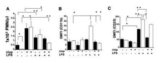 Figure 1. LPS treatments caused accumulation of immune cells in the spleen and altered receptor expression in KO mice. (A) Neutrophil (PMN) content (cell/mL) (B) CD11b and (C) CD25 surface expression (Geometric mean of fluorescence intensity (GMFI)) in spleen samples of WT (black) and KO mice (white) with or without clopidogrel treatments. Values are expressed as Mean ± SEM (**p < 0.05; *p < 0.01; KO LPS-treated versus WT LPS treated and LPS-treated versus untreated, n=6).