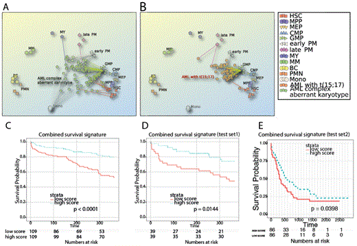 Figure 1. (A, B) PCA plots of individual GEP profiles from two AML subtypes mapped to the normal landscape of hematopoietic differentiation. (C-E) Stratification of three independent patient cohorts with survival gene signature generated by comparison of cancer and direct normal counterpart.