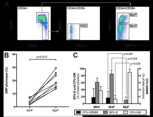 Figure 1. Immunological and functional properties of MpPs in normal donors. (A) Identification of MpPs, MnPs, and HSCs within the CD34+ compartment. (B) Cells with GMP phenotype (CD34+CD38+CD123lowCD45RA+) in MpP and MnP subsets. (C) Colony growth of bone marrow mononuclear cells (MNC) and sorted MpPs and MnPs in a 14-day methylcellulose assay. Error bars denote SDs.