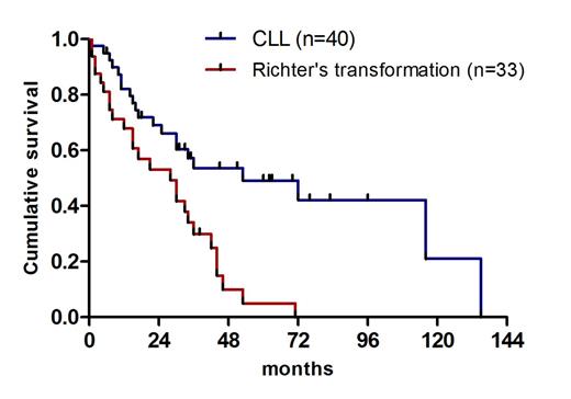 Figure 1. Cumulative survival of pts with CLL and Richter's syndrome from time of disease progression after allogeneic stem cell transplantation.