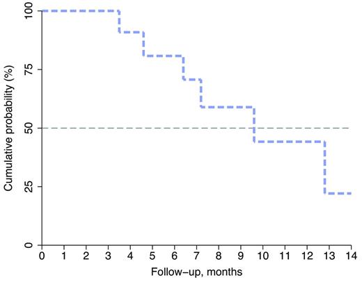Figure 1. Duration of remission. Kaplan-Meier estimates (in months) with 95% CI of DR in 28 patients treated with BdL for relapsed MM.