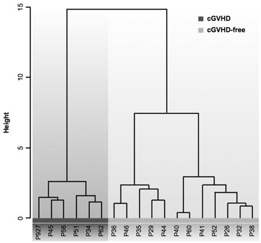 Fig. 1. Clustering result shown as dendrogram (distance measure using Pearson, and clustering algorithm using Ward). P#: patient ID in this study; red: GVHD group; green: GVHD-free group.