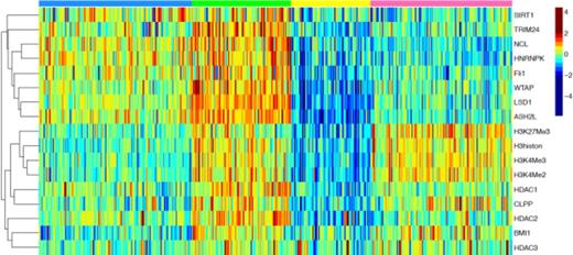 Figure 1. Expression of HistMod members. Colors across top refer to groups defined above. Color scale shows expression on a Log-2 scale.