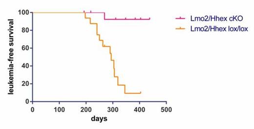 Figure 1. Hhex conditional knockout markedly prolonged the latency of T-ALL onset in CD2-Lmo2 transgenic mice