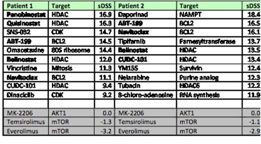 Figure 1. The 10 most sensitive drugs for PLL patients, based on sDSS scores (comparison with two healthy controls). The last 3 rows represent sDSS scores for AKT1 and mTOR inhibitors.