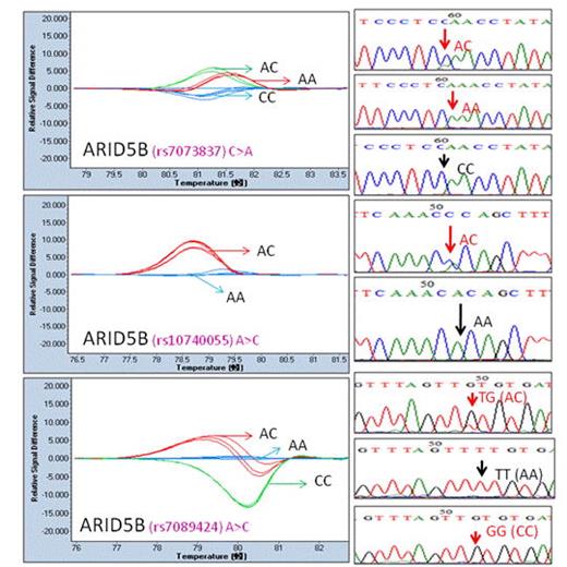 Figure 2. SNPs in ARID5B detected by HRM. (A) rs7073837; (B) rs10740055; (C) rs7089424.