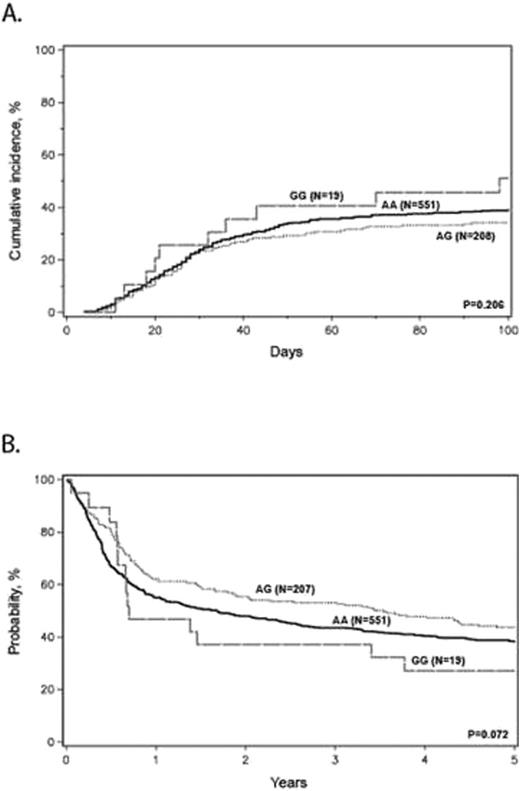 Figure 1. (A) adjusted cumulative incidence of grades 2-4 aGVHD, (B) adjusted probability of overall survival, (C) adjusted cumulative incidence of non-relapse mortality, (D) adjusted probability of relapse free survival stratified by donor CTLA4 SNP rs4553808 genotype.