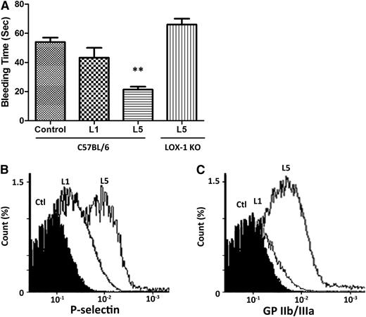 Figure 3. Induction of platelet activation in L5-injected mice. L5, L1 (5 mg/kg each), or PBS (Ctl) was injected into the tail vein of adult male C57BL/6 mice twice a week for 6 weeks (n = 3 for each treatment group). (A) Tail bleeding time was significantly shortened in L5-injected mice. **P < .01, determined by using 1-way analysis of variance with the Bonferroni post hoc test. When the same experiment was performed in LOX-1 knockout mice, the effect of L5 on tail bleeding time was attenuated. Whole blood drawn from mice was anticoagulated with heparin. Platelets were collected, stained with P-selectin and GPIIb/IIIa monoclonal antibodies, and subjected to flow cytometry. (B) P-selectin and (C) GPIIb/IIIa activation was significantly higher in L5-injected mice than in PBS-injected mice.