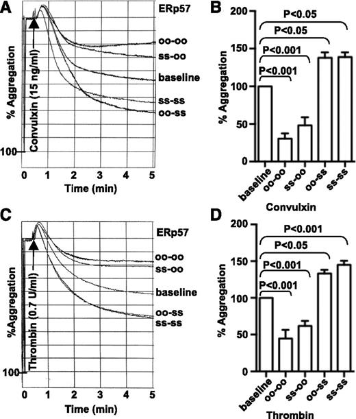Figure 4. The second active site of ERp57 is critical for platelet aggregation. (A-D) Effect of preincubating human platelets with the ERp57 mutants (ss-oo or oo-ss). Wild-type (ss-ss) or completely inactivated ERp57 (oo-oo) were used as controls. Submaximal aggregation (baseline) was stimulated with convulxin (A) or thrombin (C). Representative tracings from a single experiment show the effect of adding ERp57 (2 µM) 10 minutes before the addition of the agonist. Panels B,D are the corresponding cumulative data ± SE (n = 3). There were no statistically significant differences between oo-oo and ss-oo or between oo-ss and ss-ss for convulxin or thrombin.