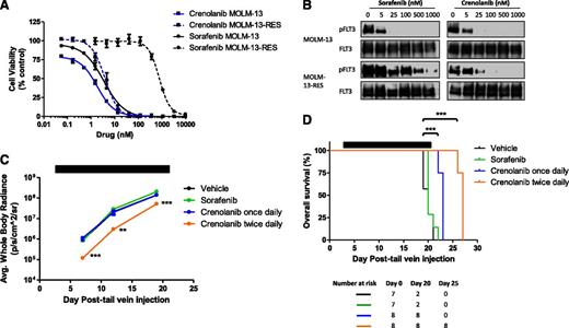Figure 5. Crenolanib activity against MOLM-13-RES cells in vitro and in vivo. (A-B) MOLM-13-luc and MOLM-13-RES-luc cells were treated with DMSO or increasing concentrations of crenolanib or sorafenib (A) for 72 hours and viability was measured or (B) for 1 hour and lysed. Western blot analysis was performed on FLT3 immunoprecipitation eluent using the indicated antibodies. Cell viability measurements represent the mean ± SEM of 2 to 3 experiments with 6 replicates each (n = 12-18). (C-D) Female NSG mice engrafted with MOLM-13-RES-luc cells were treated with vehicle, sorafenib 15 mg/kg orally once daily, or crenolanib 15 mg/kg intraperitoneally once or twice daily (Monday to Friday) for 3 consecutive weeks beginning on day 3. (C) Leukemic cell bone marrow infiltration was monitored by noninvasive luciferase imaging (**P < .01; ***P < .001). (D) Kaplan-Meier analysis of animal survival (***P < .0001 for crenolanib once daily vs vehicle; ***P < .0001 for crenolanib twice daily vs vehicle). Black bar denotes treatment period.