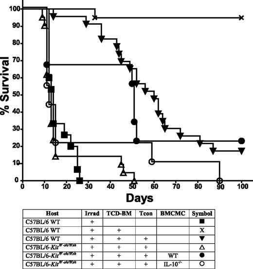 Figure 5. C57BL/6-KitW-sh/Wsh mice that had received BMCMCs intraperitoneally have improved survival during GVHD induction. Recipient mice, which were C57BL/6J (H-2b) WT, mast cell–deficient C57BL/6-KitW-sh/Wsh, or C57BL/6-KitW-sh/Wsh engrafted with WT or IL-10−/− BMCMCs were given lethal irradiation and transplanted with 5.0 × 106 TCD-BM, followed by 2.0 × 106 Tcon on day 4 (to induce GVHD) from FVB/N donors (H-2q). Data were pooled from the 4 independent experiments performed, each of which gave similar results (n = 10 for mast cell–engrafted groups; n = 23 for all other groups). Significant improvement in survival was observed when C57BL/6-KitW-sh/Wsh recipients had been engrafted 8 weeks prior to transplant with WT BMCMCs (P < .01); however, significant improvement in survival was not observed if BMCMCs were derived from IL-10−/− mice. Furthermore, engraftment of WT BMCMCs into C57BL/6-KitW-sh/Wsh mice produced a survival curve not significantly different than that of WT C57BL/6J recipients.