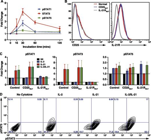 Figure 6. Effect of IL-2 and IL-21 on STAT phosphorylation in human B-cell lines. (A) LCLs from normal donors were incubated for varying times in the absence or presence of IL-21. Phosphorylation of STAT1, STAT3, and STAT5 was then determined by intracellular staining and flow cytometry. Data are depicted as fold change in mean fluorescence intensity of pSTAT in the presence of IL-21 over media alone. Results represent mean ± SEM of experiments using LCLs from 6 different donors. (B) Expression of CD25 and IL-21R was determined on LCLs derived from different normal donors (red histogram) or CD25-deficient (blue histogram) or IL21R-deficient (gray histogram) patients (n = 2/group). (C-D) Normal, CD25-deficient (CD25MUT), and IL-21R–deficient (IL-21RMUT) LCLs were incubated in the absence (Nil) or presence of IL-2, IL-21, or IL-2/IL-21. Expression of pSTAT1, pSTAT3, and pSTAT5 was determined after 30 minutes. Results in C are expressed as fold change above pSTAT expression in cells cultured with no cytokine and represent mean ± SEM of experiments using LCLs from 2 different donors or patients. D shows representative contour plots demonstrating coexpression of pSTAT3 and pSTAT5 in LCLs cultured in the absence (no cytokine) or presence of IL-2, IL-21, or IL-2/IL-21.