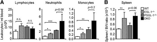 Figure 1. ESL-1-deficiency is characterized by a myeloid expansion in the steady state. Hematologic characterization of WT, ESL-1−/−, PSGL-1−/−, and DKO mice. (A) Lymphocyte, neutrophil, and monocyte counts in the blood of WT and mutant mice. (B) Spleen-to-body-weight (BW) ratios in WT and mutant mice. There were 3 to 9 mice per group. Data are shown as mean ± SEM and was analyzed by the unpaired Student t test.