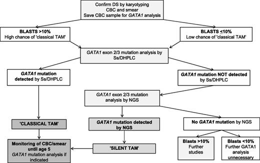 Figure 3. Algorithm for diagnosis and monitoring of mutant GATA1 clones in DS neonates. Suggested algorithm for diagnosis and monitoring of mutant GATA1 clones in DS neonates. Evaluation of a blood smear and CBC can be used as an immediate screening step to identify DS neonates with “classical” TAM who may require early treatment (especially where GATA1 analysis is unavailable or delayed). As a next step, GATA1 mutation analysis by Ss/DHPLC will quickly identify DS neonates with large mutant GATA1 clones. For DS neonates without mutations detected by Ss/DHPLC, NGS is the most reliable way of identifying low-abundance GATA1 mutations, allowing pediatric hematology follow-up to be limited to those at risk of transformation rather than all DS babies with peripheral blood blasts. Monitoring of all DS children with GATA1 mutations until the age of 5 years is recommended. This can be done using serial CBC/smears with GATA1 mutation analysis as indicated (eg, for persistent cytopenias). For the small number of DS babies with blasts >10% who have no detectable GATA1 mutations by NGS, more detailed studies to exclude the presence of rare GATA1 deletions are suggested.