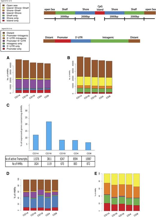 Figure 3. Identification of cell-subset–specific HMRs and potential rHMRs. (A-B) Total number of cell-subset–specific identified HMRs are plotted. (A) Location of HMRs relative to CGIs. Shelves, shores, and open sea regions are defined as for Figure 1. (B) Distribution of HMRs relative to promoter regions, 5′ UTRs, intragenic and away from gene coding areas (ie, distant). (C) Total number and percentage of dHMRs correlating with differential gene transcript expression by cell type. (D-E) Proportion and distribution of cell-type–specific HMRs correlating with gene expression (ie, potential rHMRs) with regard to CGIs (D) and genomic location (E). UTR, untranslated region.