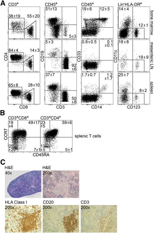 Figure 3. Peripheral tissue reconstitution and splenic structure in TKO-BLT mice. (A) Representative flow cytometry plots with means ± standard deviations illustrate the major human immune cell subset frequencies (from left to right: CD4+ and CD8+ T cells; CD3+ T cells and CD19+ B cells; CD33+ myeloid cells and CD14+ monocytes; CD11c+ myeloid DC and CD123+ plasmacytoid DCs) in bone marrow (n = 6), mesenteric lymph node (n = 4), and spleen (n = 6) and (B) the splenic T-cell subsets (n = 6) (naïve CD45RA+CCR7+; Tcm CD45RA−CCR7+; Tem CD45RA−CCR7−; TEMRA CD45RA+CCR7−) in TKO-BLT mice. Parental gates are listed at the top of each column. (C) Histological staining depicting the characteristic morphology of TKO-BLT spleens, the presence of HLA class I–expressing human cells, and follicle-like structures containing mature CD20+ B cells and CD3+ T cells. Olympus DP72 camera and BX51 microscope. Hematoxylin and eosin ×40, ×200, and immunostaining ×200 magnification; numerical aperture, 0.75. Acquisition software: Olympus cell Sens Dimension 1.4.1.